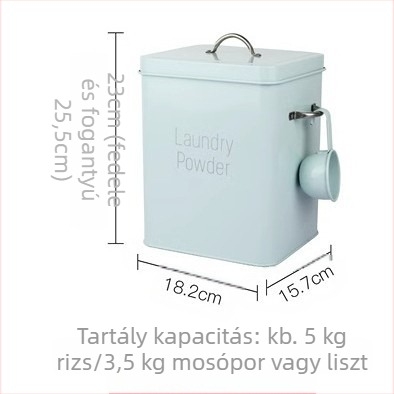 Fémből készült mosópor tároló zárható fedéllel, nedvességálló, 6–7 literes kapacitás