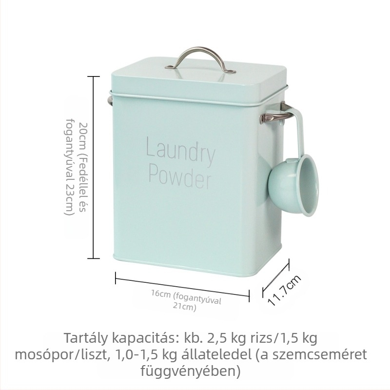 Fémből készült mosópor tároló zárható fedéllel, nedvességálló, 6–7 literes kapacitás