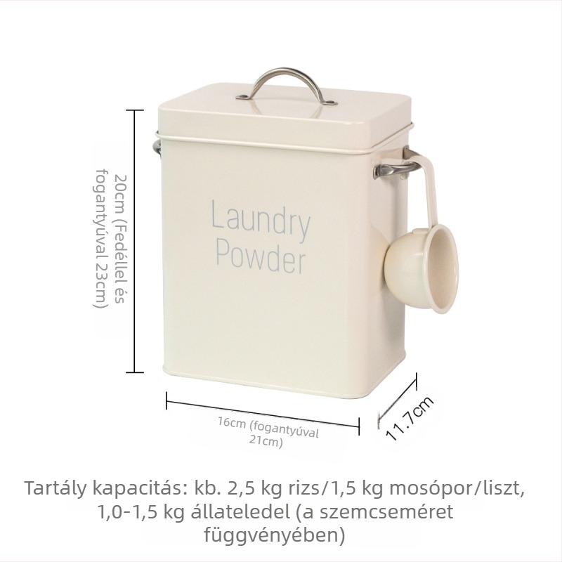 Fémből készült mosópor tároló zárható fedéllel, nedvességálló, 6–7 literes kapacitás