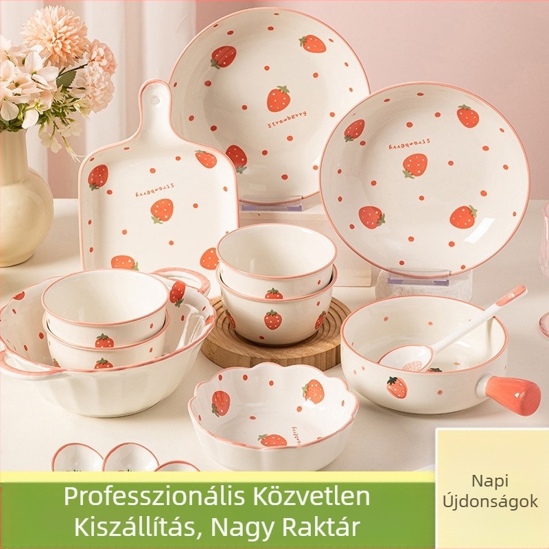 Egy személyes kerámia étkészlet - kör alakú tál, tányér, evőpálcikák és kanál, hullámpont mintázat, friss stílus, mikróban használható