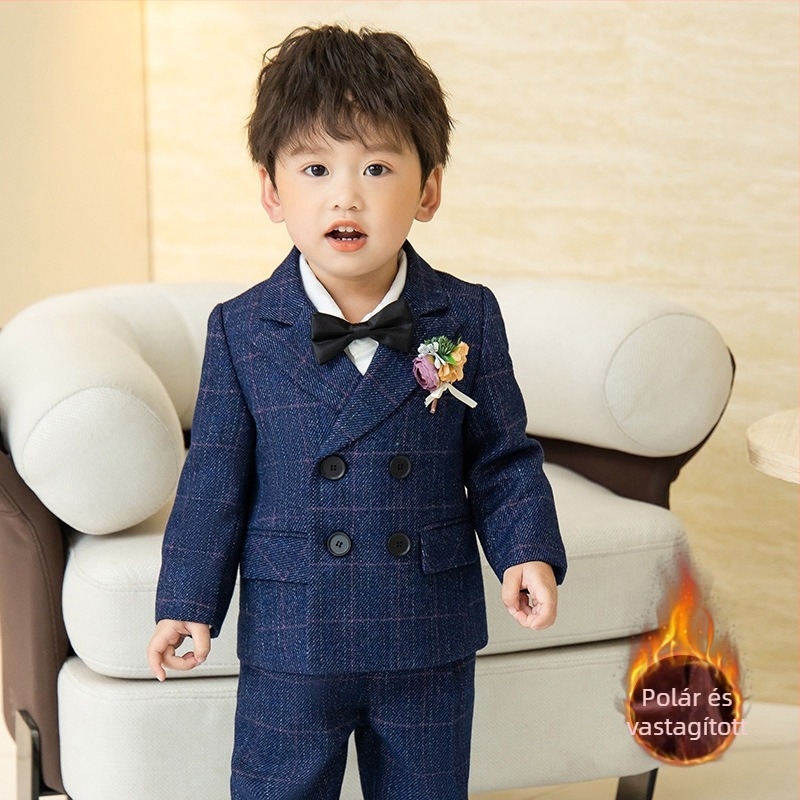 Két részes gyerek öltöny ősz brit stílusú kockás mintával, 1–3 éveseknek, V-nyakú, hosszú ujjak, dupla soros záródás