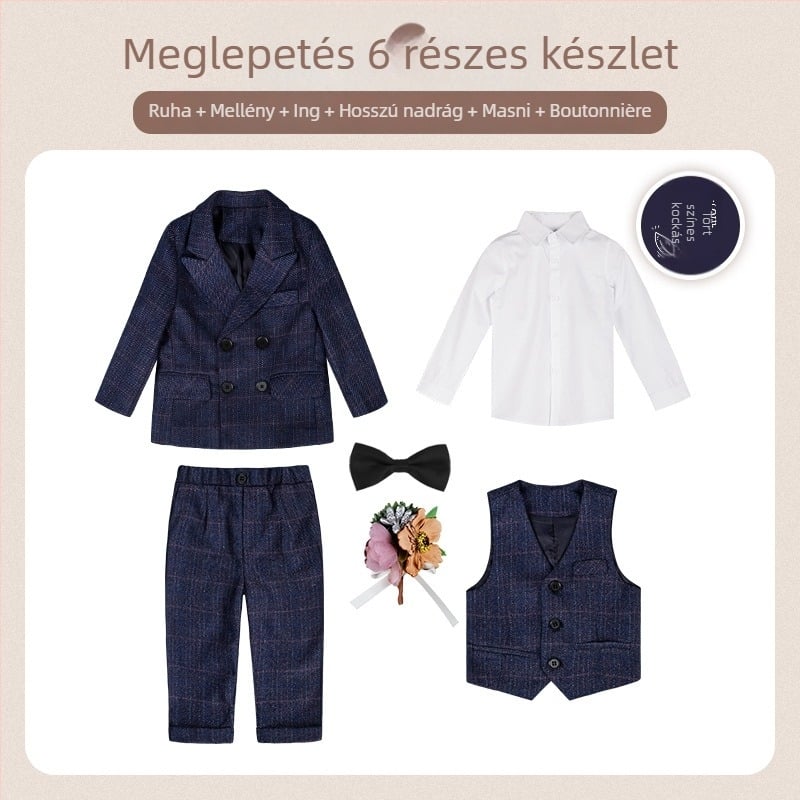 Két részes gyerek öltöny ősz brit stílusú kockás mintával, 1–3 éveseknek, V-nyakú, hosszú ujjak, dupla soros záródás