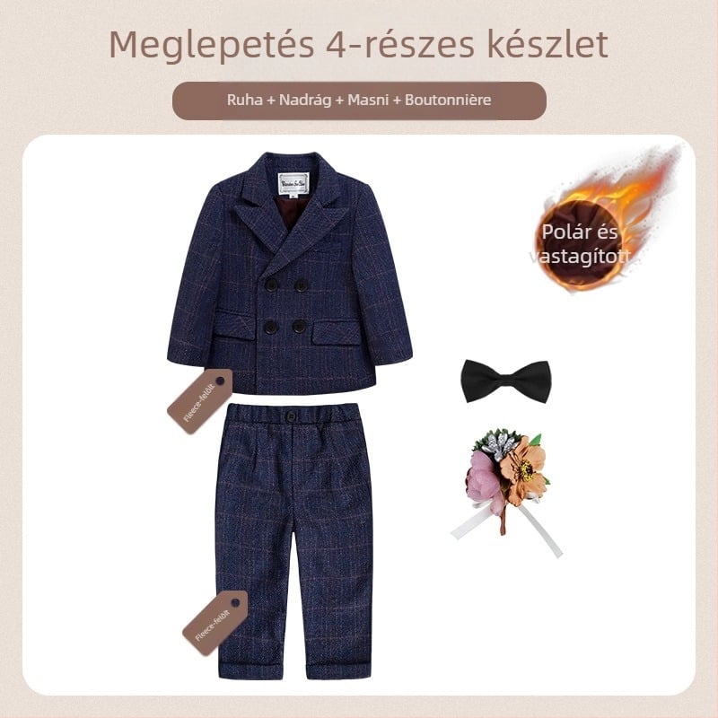 Két részes gyerek öltöny ősz brit stílusú kockás mintával, 1–3 éveseknek, V-nyakú, hosszú ujjak, dupla soros záródás