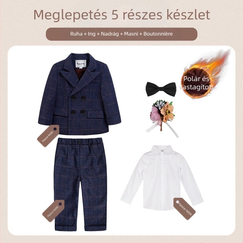 Két részes gyerek öltöny ősz brit stílusú kockás mintával, 1–3 éveseknek, V-nyakú, hosszú ujjak, dupla soros záródás