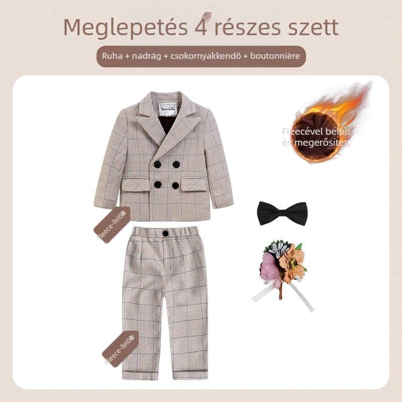 Két részes gyerek öltöny ősz brit stílusú kockás mintával, 1–3 éveseknek, V-nyakú, hosszú ujjak, dupla soros záródás