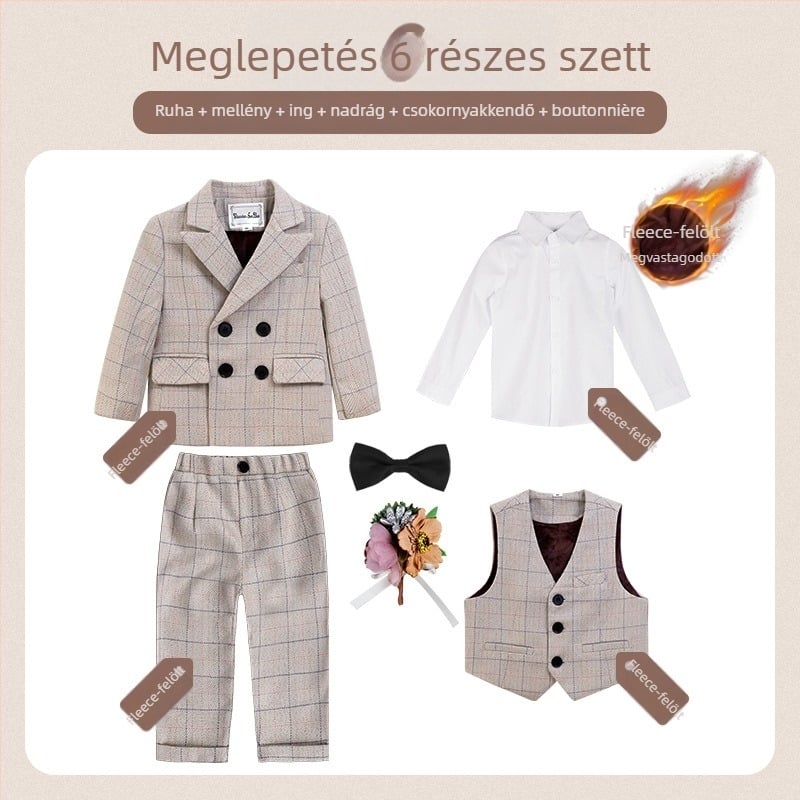 Két részes gyerek öltöny ősz brit stílusú kockás mintával, 1–3 éveseknek, V-nyakú, hosszú ujjak, dupla soros záródás