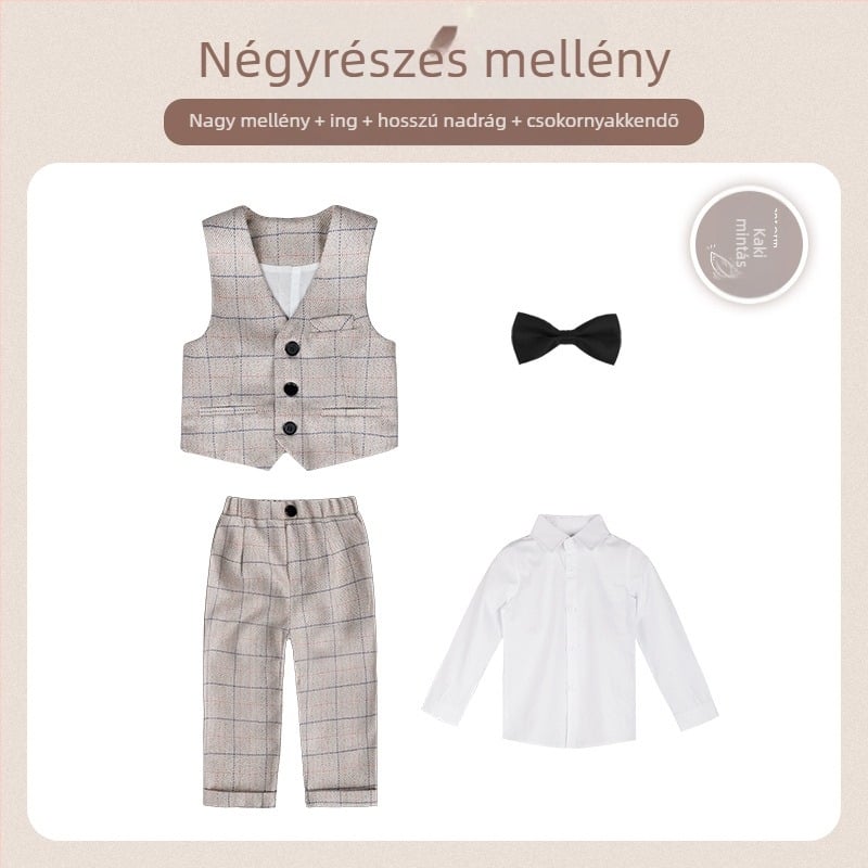 Két részes gyerek öltöny ősz brit stílusú kockás mintával, 1–3 éveseknek, V-nyakú, hosszú ujjak, dupla soros záródás