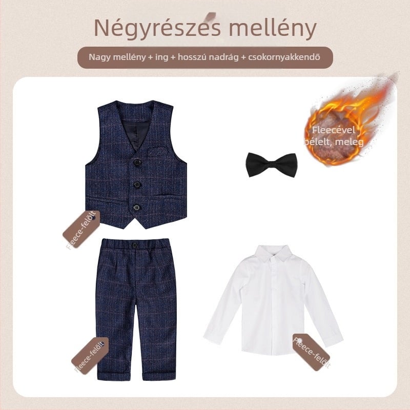 Két részes gyerek öltöny ősz brit stílusú kockás mintával, 1–3 éveseknek, V-nyakú, hosszú ujjak, dupla soros záródás
