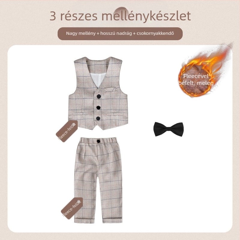 Két részes gyerek öltöny ősz brit stílusú kockás mintával, 1–3 éveseknek, V-nyakú, hosszú ujjak, dupla soros záródás
