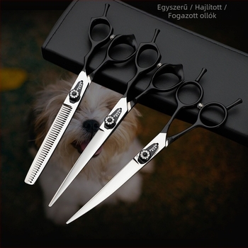 Állatgondozó olló készlet, teljes acél konstrukció, felfelé és lefelé görbült élek, kutya szőrzetének vágásához