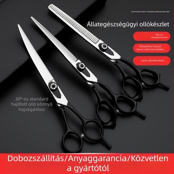 Állatgondozó olló készlet, teljes acél konstrukció, felfelé és lefelé görbült élek, kutya szőrzetének vágásához