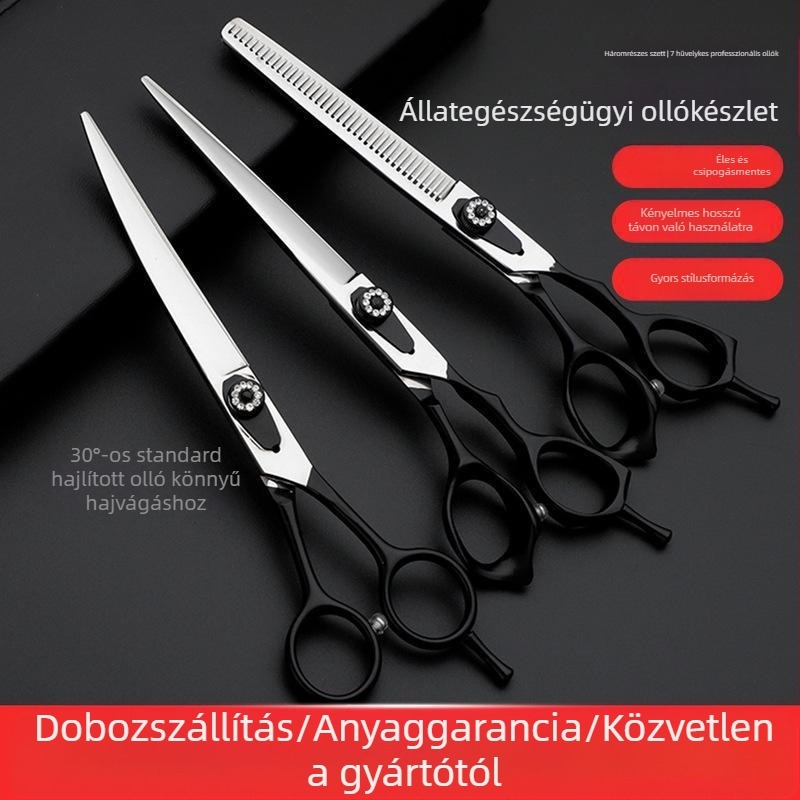 Állatgondozó olló készlet, teljes acél konstrukció, felfelé és lefelé görbült élek, kutya szőrzetének vágásához