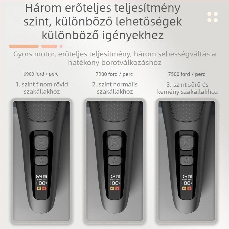 Elektromos borotva 3-pengéjű fejjel, beépített 500-800 mAh akkumulátor, akár 120 perc működési idő, digitális LED kijelző, teljesen mosható test