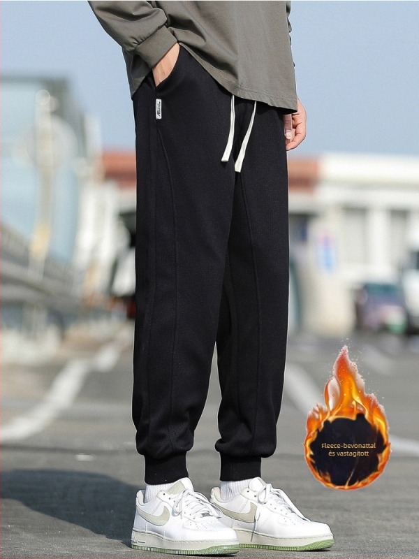 Férfi melegítőnadrág fleece belsővel téli melegítéshez, lazán szabott, középső derék, Hongkong-szél stílus, szintetikus rostokból álló anyag