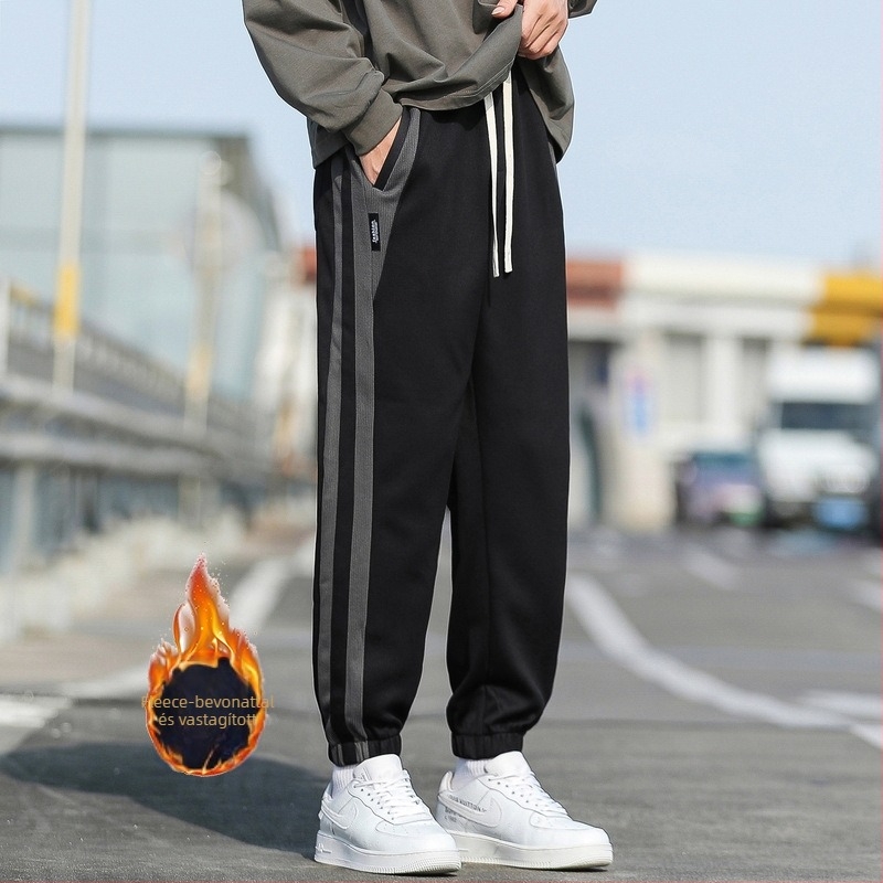 Férfi melegítőnadrág fleece belsővel téli melegítéshez, lazán szabott, középső derék, Hongkong-szél stílus, szintetikus rostokból álló anyag