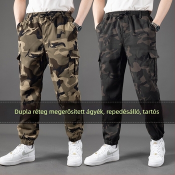 Munkaruházati kényelmes nadrág kamufláz mintával, pamut‑polyészter keverék (90% poliészter), szabad szabás, mikroelasztikusság, több zseb, kötős zárás