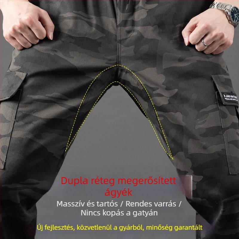 Munkaruházati kényelmes nadrág kamufláz mintával, pamut‑polyészter keverék (90% poliészter), szabad szabás, mikroelasztikusság, több zseb, kötős zárás