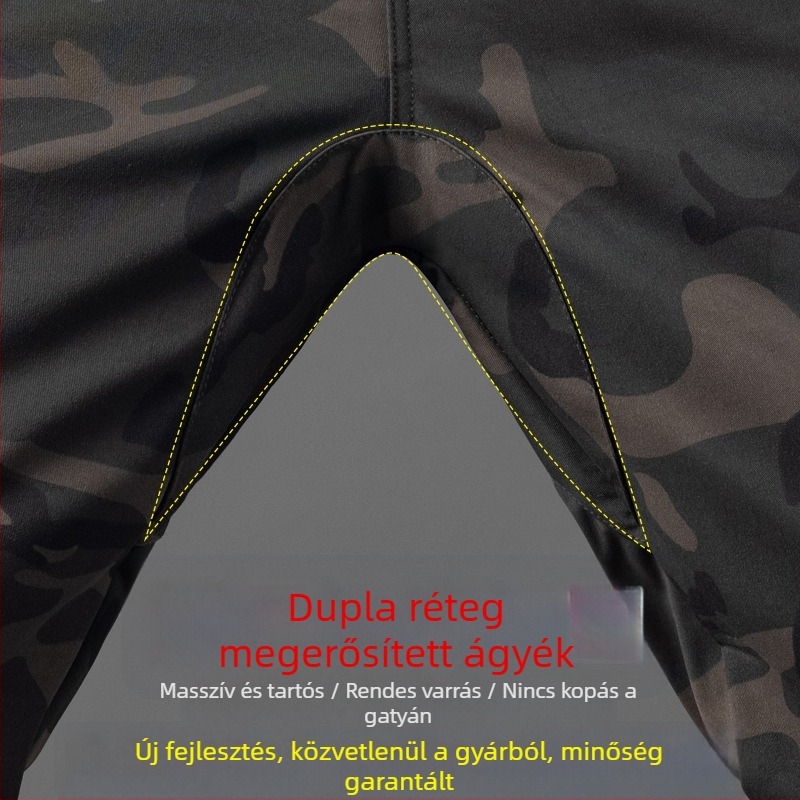 Munkaruházati kényelmes nadrág kamufláz mintával, pamut‑polyészter keverék (90% poliészter), szabad szabás, mikroelasztikusság, több zseb, kötős zárás