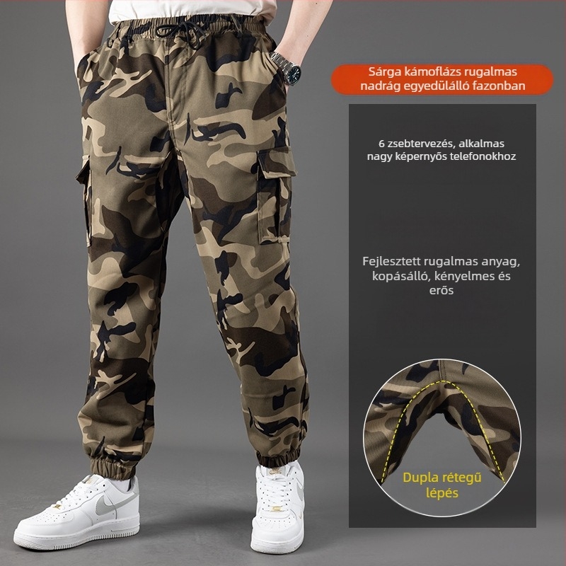 Munkaruházati kényelmes nadrág kamufláz mintával, pamut‑polyészter keverék (90% poliészter), szabad szabás, mikroelasztikusság, több zseb, kötős zárás