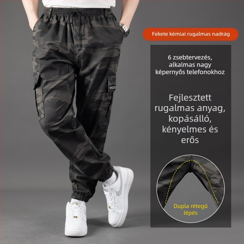 Munkaruházati kényelmes nadrág kamufláz mintával, pamut‑polyészter keverék (90% poliészter), szabad szabás, mikroelasztikusság, több zseb, kötős zárás