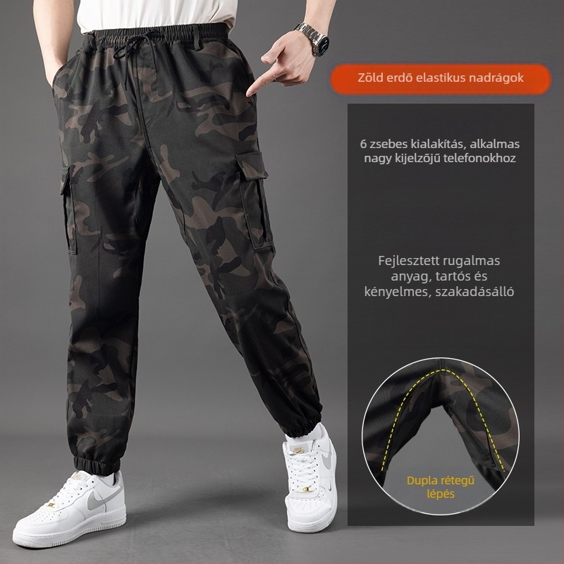 Munkaruházati kényelmes nadrág kamufláz mintával, pamut‑polyészter keverék (90% poliészter), szabad szabás, mikroelasztikusság, több zseb, kötős zárás