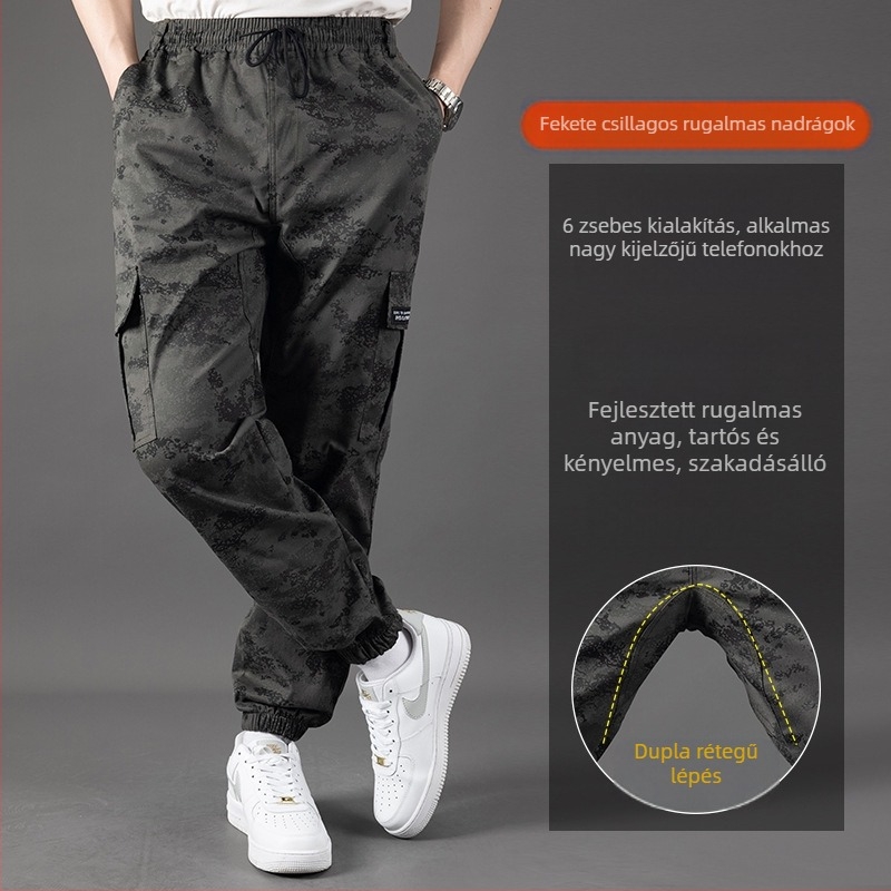 Munkaruházati kényelmes nadrág kamufláz mintával, pamut‑polyészter keverék (90% poliészter), szabad szabás, mikroelasztikusság, több zseb, kötős zárás