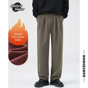 Nylonból készült fleece-béléssel ellátott lazán szabott férfi casual nadrág, középmagas derékkal, kötőzáras záródás, több zsebbel