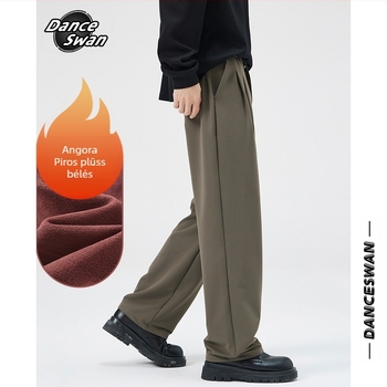 Nylonból készült fleece-béléssel ellátott lazán szabott férfi casual nadrág, középmagas derékkal, kötőzáras záródás, több zsebbel