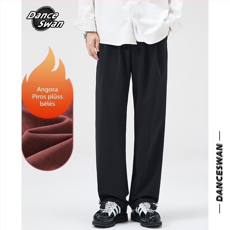 Nylonból készült fleece-béléssel ellátott lazán szabott férfi casual nadrág, középmagas derékkal, kötőzáras záródás, több zsebbel