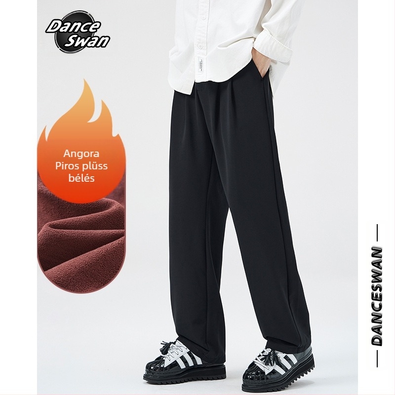 Nylonból készült fleece-béléssel ellátott lazán szabott férfi casual nadrág, középmagas derékkal, kötőzáras záródás, több zsebbel