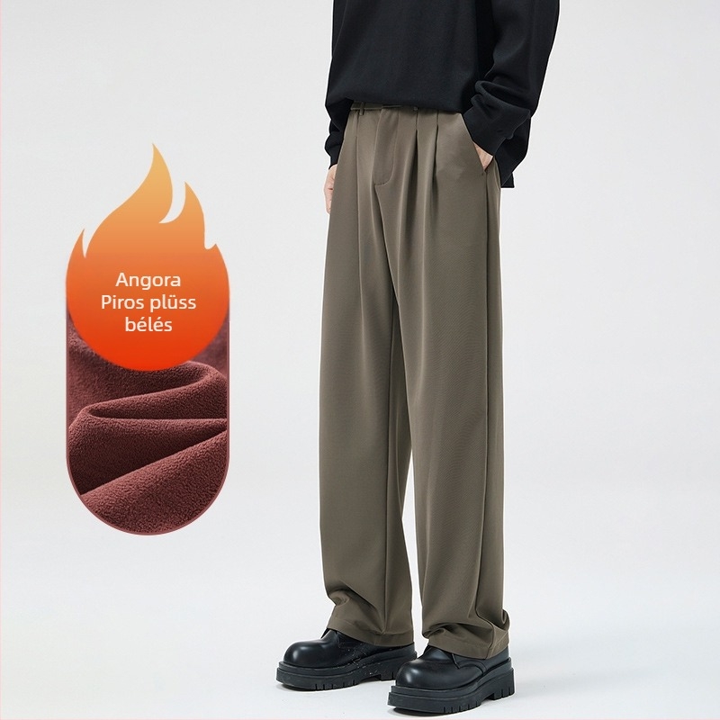 Nylonból készült fleece-béléssel ellátott lazán szabott férfi casual nadrág, középmagas derékkal, kötőzáras záródás, több zsebbel