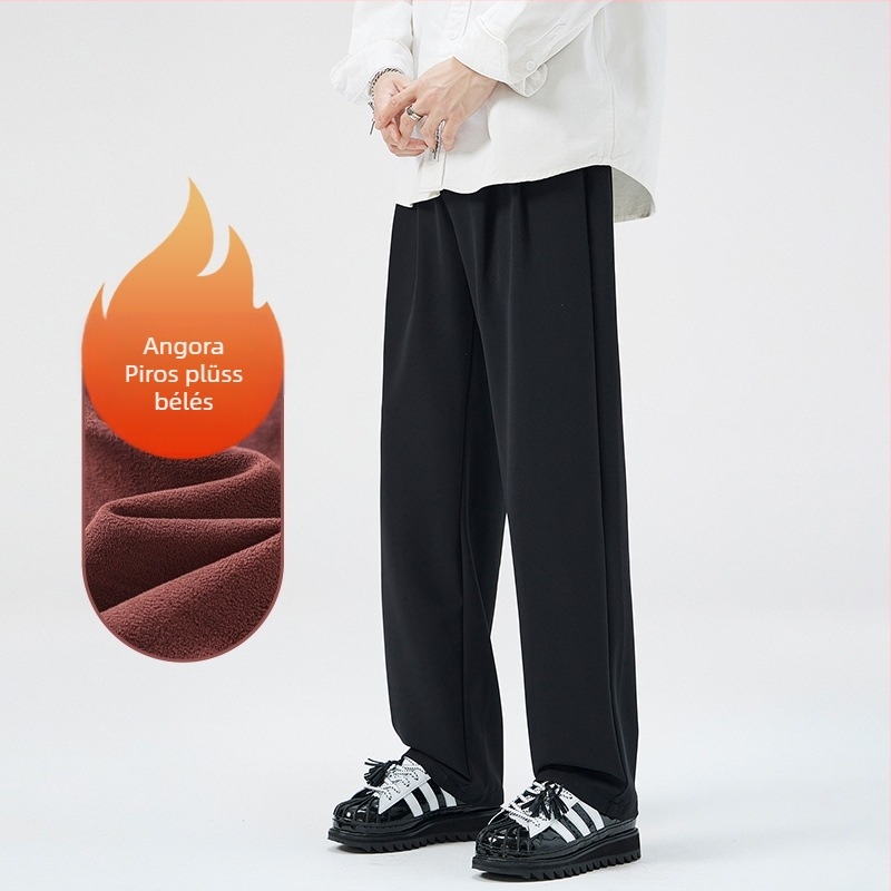 Nylonból készült fleece-béléssel ellátott lazán szabott férfi casual nadrág, középmagas derékkal, kötőzáras záródás, több zsebbel