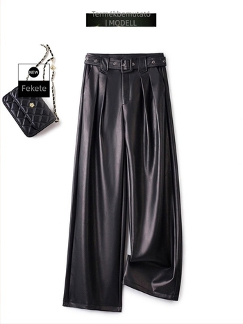 Női kecskebőr nadrág, magas derék, széles szárú, egyenes hosszú fazon, spandex anyaggal, őszi-téli 2025