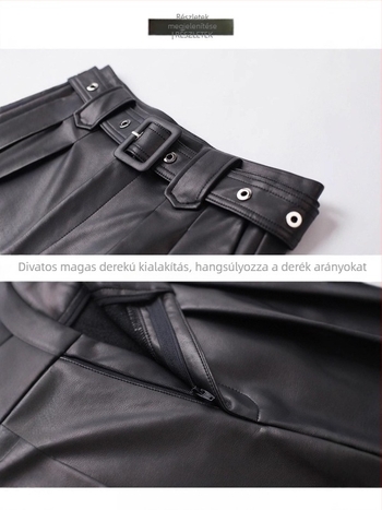 Női kecskebőr nadrág, magas derék, széles szárú, egyenes hosszú fazon, spandex anyaggal, őszi-téli 2025