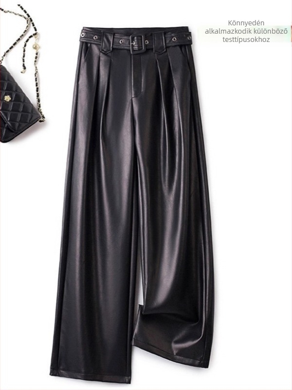 Női kecskebőr nadrág, magas derék, széles szárú, egyenes hosszú fazon, spandex anyaggal, őszi-téli 2025