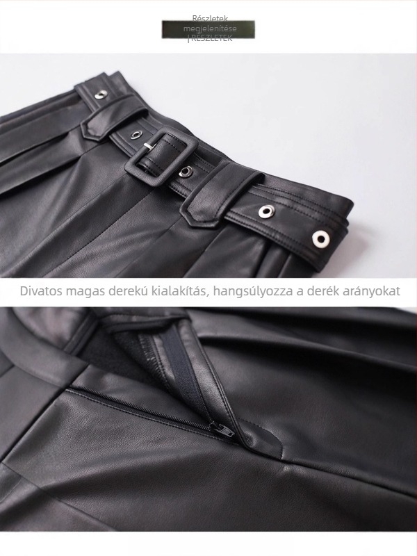 Női kecskebőr nadrág, magas derék, széles szárú, egyenes hosszú fazon, spandex anyaggal, őszi-téli 2025