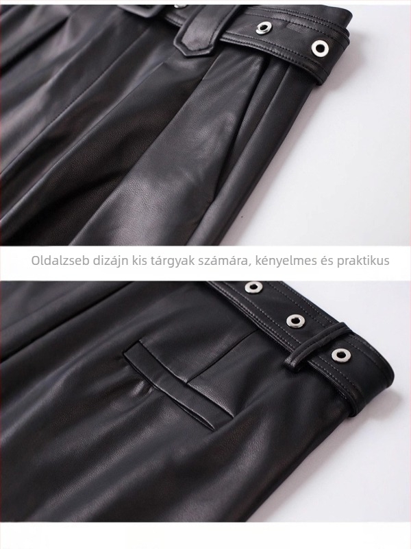 Női kecskebőr nadrág, magas derék, széles szárú, egyenes hosszú fazon, spandex anyaggal, őszi-téli 2025