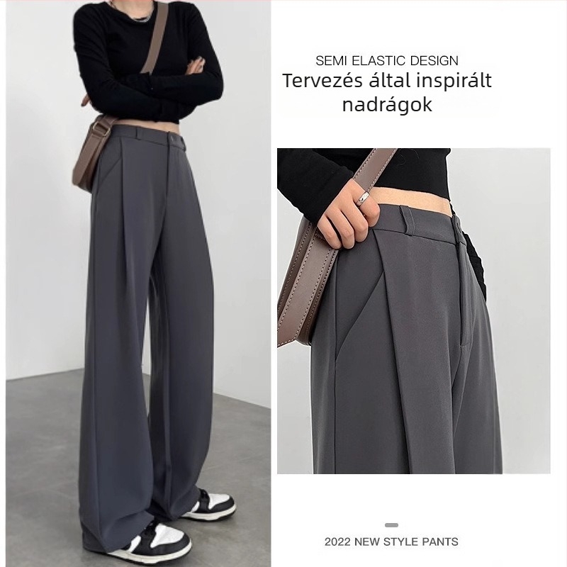 Női széles lábú nadrág magas derekú, koreai lazább stílus, poliészter-elasztán keverék, erős rugalmasság, tavasz 2024