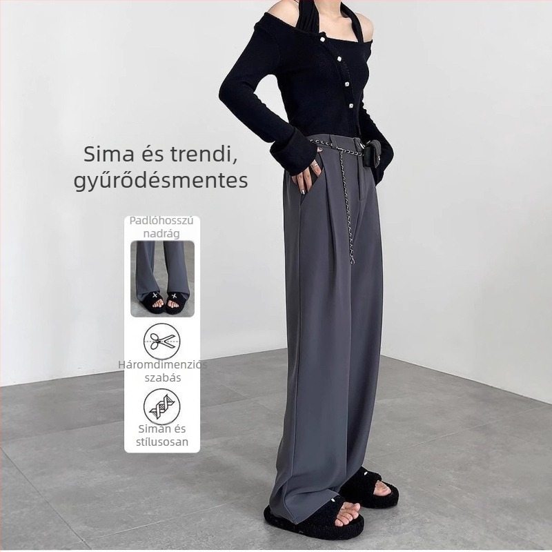 Női széles lábú nadrág magas derekú, koreai lazább stílus, poliészter-elasztán keverék, erős rugalmasság, tavasz 2024