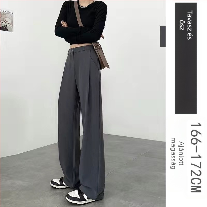 Női széles lábú nadrág magas derekú, koreai lazább stílus, poliészter-elasztán keverék, erős rugalmasság, tavasz 2024
