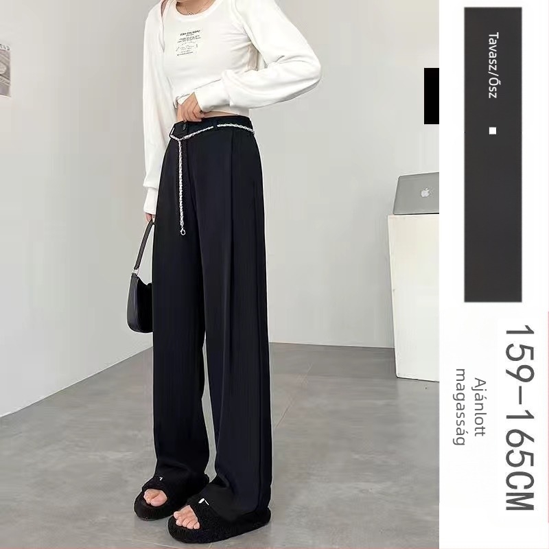Női széles lábú nadrág magas derekú, koreai lazább stílus, poliészter-elasztán keverék, erős rugalmasság, tavasz 2024
