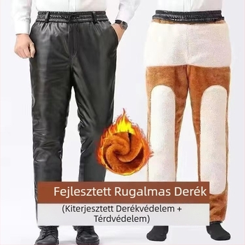 PU bőr férfi nadrág fleece-béléssel, egyenes szabás, magas derék, téli vastag, retro stílus