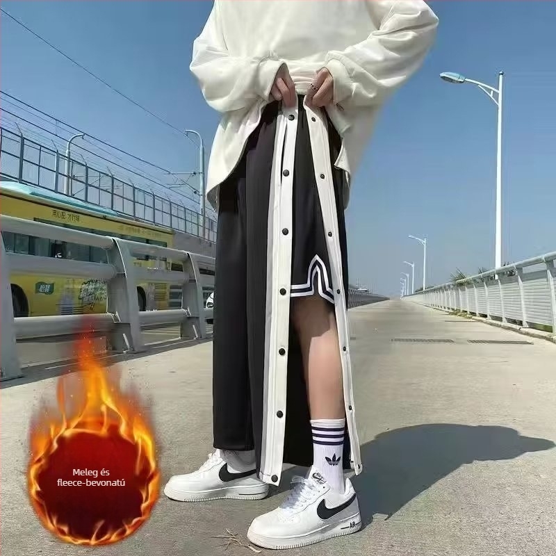 Meleg fleece-belelt sportos casual nadrág, lazán szabott, bokáig érő, középmagas derekú, húzózsinóros zárás