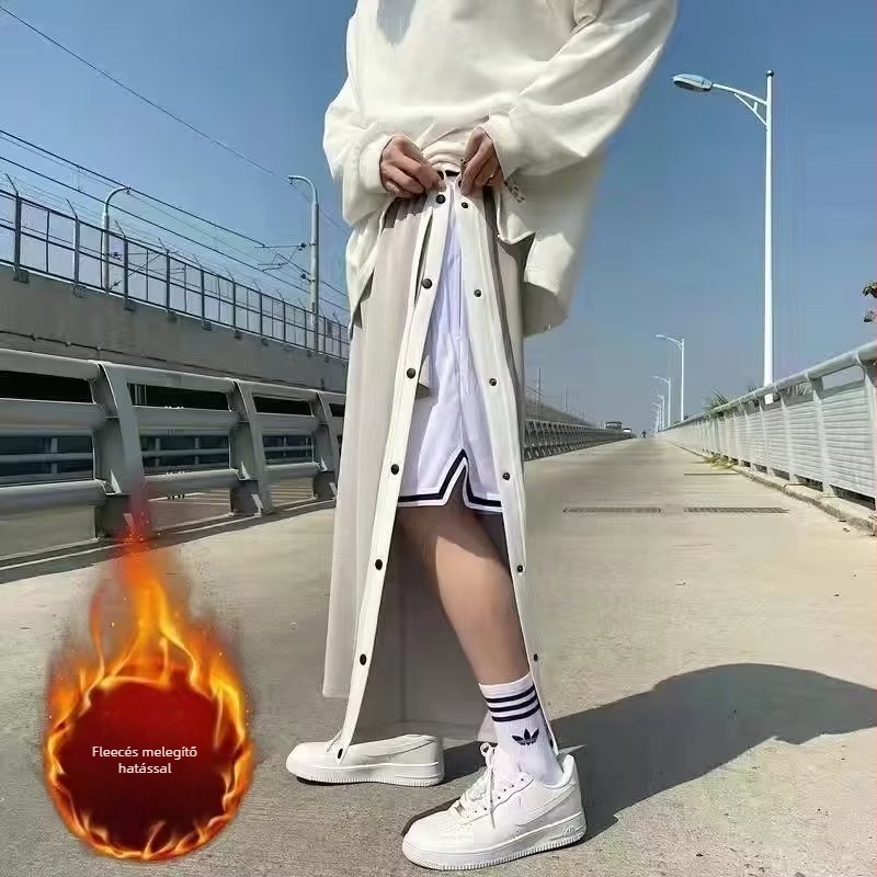 Meleg fleece-belelt sportos casual nadrág, lazán szabott, bokáig érő, középmagas derekú, húzózsinóros zárás