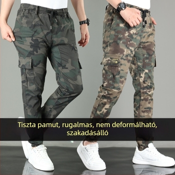 Pamut kamufláž munkás-nadrág, egyenes szabás, középmagas derék, több zseb, tavasz–őszre