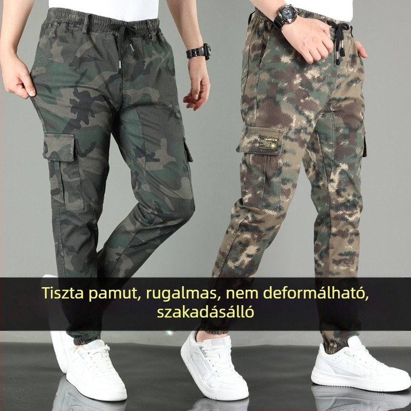 Pamut kamufláž munkás-nadrág, egyenes szabás, középmagas derék, több zseb, tavasz–őszre