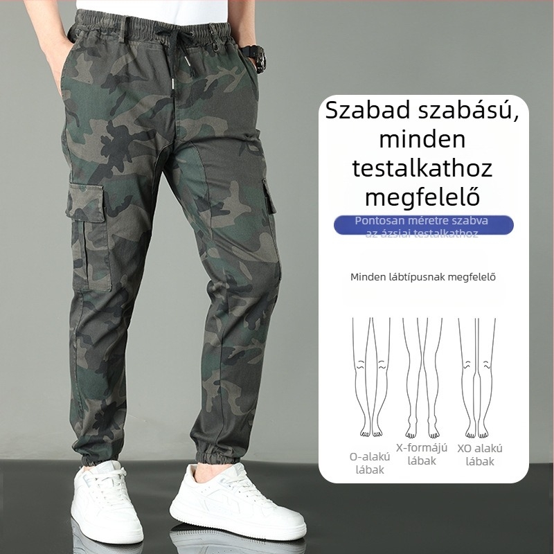 Pamut kamufláž munkás-nadrág, egyenes szabás, középmagas derék, több zseb, tavasz–őszre