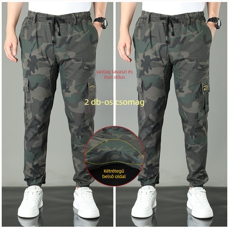 Pamut kamufláž munkás-nadrág, egyenes szabás, középmagas derék, több zseb, tavasz–őszre