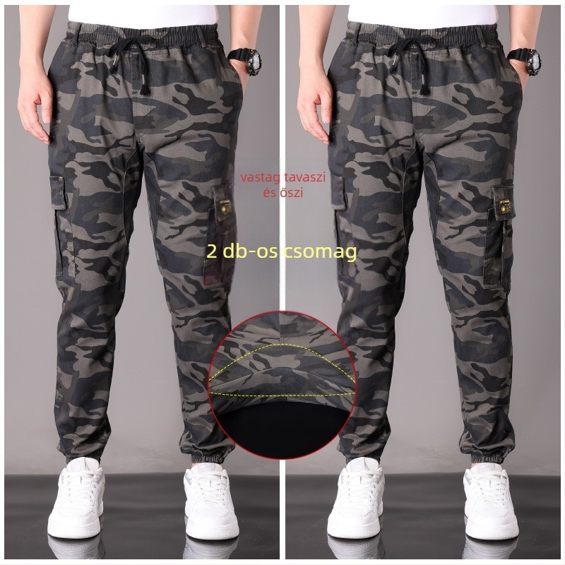 Pamut kamufláž munkás-nadrág, egyenes szabás, középmagas derék, több zseb, tavasz–őszre