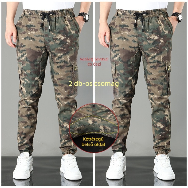 Pamut kamufláž munkás-nadrág, egyenes szabás, középmagas derék, több zseb, tavasz–őszre